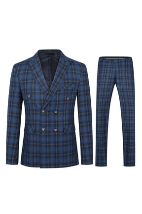 Men's Regular Fit Plaid Stripe Two-Piece Suit, Double-Breasted Three-Button Classic Lapel Wrinkle-Resistant Spring/Summer/Fall Casual