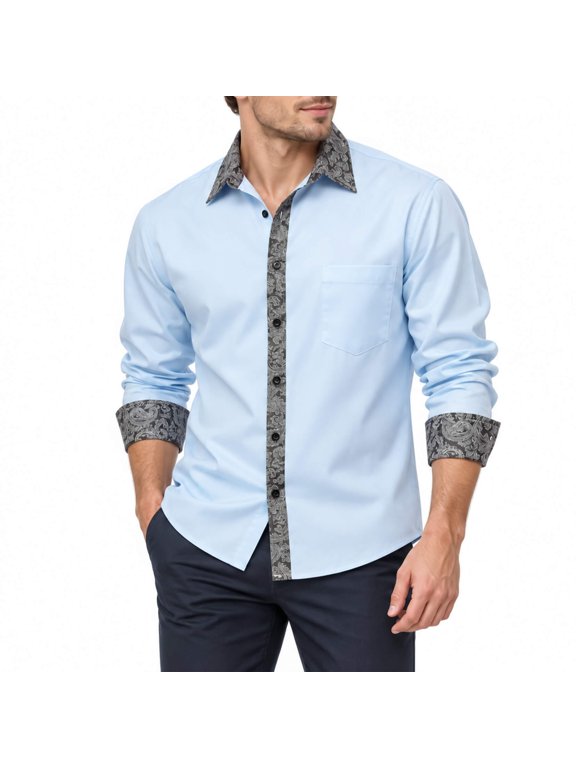 Men's Relaxed Fit Embroidered Collar Casual Shirt - Long Sleeve Button-Down for Everyday Wear