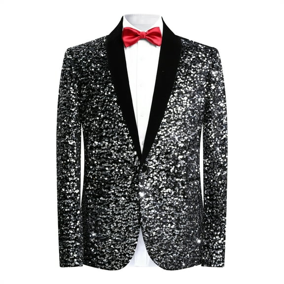 Cloudstyle Men's Shawl Lapel Sequined Blazer, Slim Fit Crinkle-Texture Dinner Jacket for Banquets & Events
