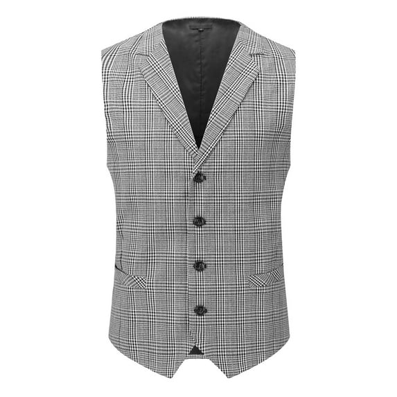 Cloudstyle Men's Single-Breasted Checkered Vest, Notch Lapel Sleeveless Jacket with Adjustable Back & Side Pockets