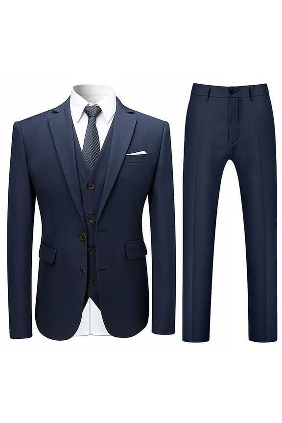 Men's Slim Fit Notched Lapel 3-Piece Suit Set, Two-Button Single-Breasted Back Vent Formal Wear, Wrinkle-Free Polyester for Weddings & Business