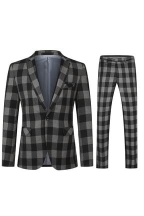 Men's Slim Fit Single-Breasted Notch Lapel Blazer & Trousers 2-Piece Suit Set, Modern Checkered Pattern