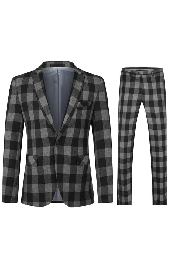 Men's Slim Fit Single-Breasted Notch Lapel Blazer & Trousers 2-Piece Suit Set, Modern Checkered Pattern
