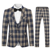 Cloudstyle Men's Slim Fit Single-Breasted Notch Lapel Blazer & Trousers 2-Piece Suit Set, Modern Checkered Pattern