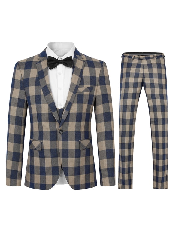 Men's Slim Fit Single-Breasted Notch Lapel Blazer & Trousers 2-Piece Suit Set, Modern Checkered Pattern