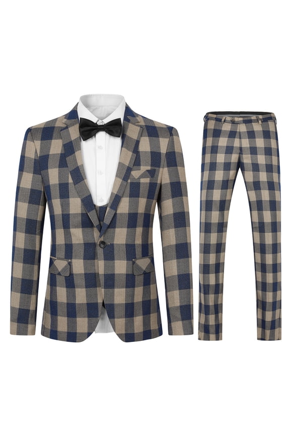 Men's Slim Fit Single-Breasted Notch Lapel Blazer & Trousers 2-Piece Suit Set, Modern Checkered Pattern
