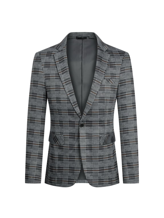 Men's Slim Fit Smart Casual Plaid Pattern Single-Breasted One-Button Notch Lapel Blazer - Spring/Fall Wrinkle-Resistant Regular Length Long Sleeve Round Hem
