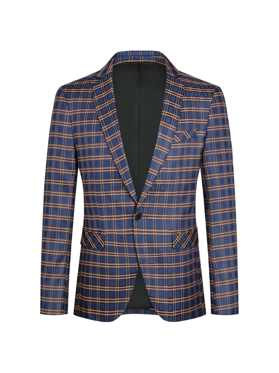 Men's Slim Fit Smart Casual Plaid Single-Breasted One-Button Notch Lapel Blazer - Spring/Fall Wrinkle-Resistant Regular Length Round Hem