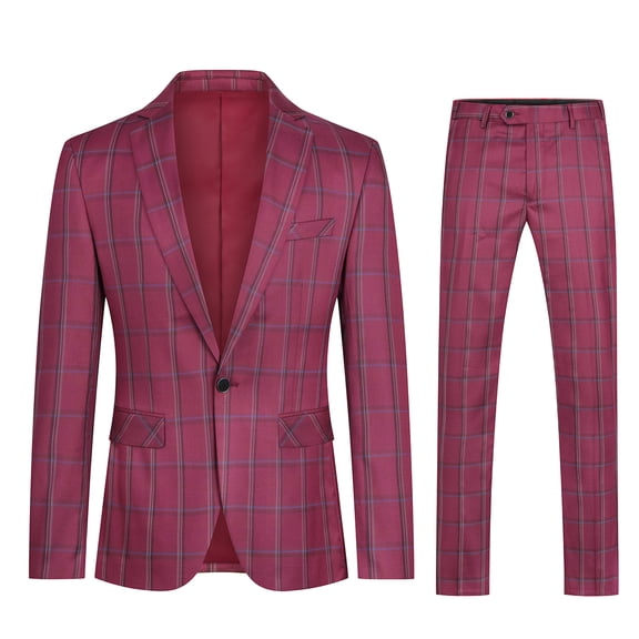 Cloudstyle Men's Slim Fit Smart Casual Plaid Single-Breasted One-Button Notch Lapel Two-Piece Suit - Spring/Fall Wrinkle-Resistant Regular Length Round Hem