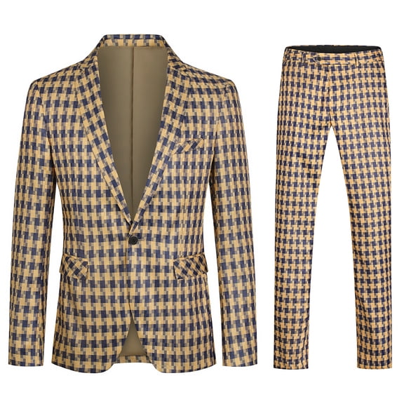 Cloudstyle Men's Slim Fit Smart Casual Plaid Single-Breasted One-Button Notch Lapel Two-Piece Suit - Spring/Fall Wrinkle-Resistant Regular Length Round Hem