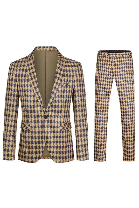 Men's Slim Fit Smart Casual Plaid Single-Breasted One-Button Notch Lapel Two-Piece Suit - Spring/Fall Wrinkle-Resistant Regular Length Round Hem