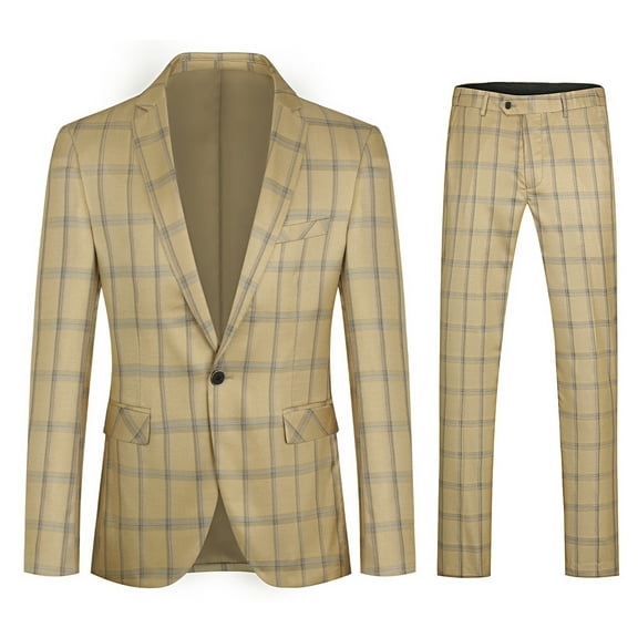 Cloudstyle Men's Slim Fit Smart Casual Plaid Single-Breasted One-Button Notch Lapel Two-Piece Suit - Spring/Fall Wrinkle-Resistant Regular Length Round Hem