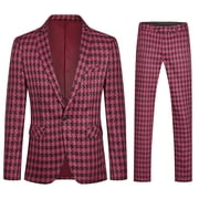 Cloudstyle Mens Slim Fit Smart Casual Plaid Single-Breasted One-Button Notch Lapel Two-Piece Suit - Spring/Fall Wrinkle-Resistant Regular Length Round Hem