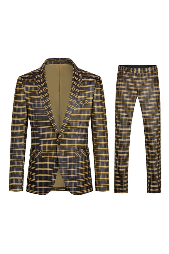 Men's Slim Fit Smart Casual Plaid Single-Breasted One-Button Notch Lapel Two-Piece Suit - Spring/Fall Wrinkle-Resistant Regular Length Round Hem