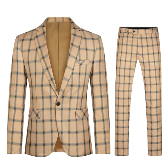 Cloudstyle Men's Slim Fit Smart Casual Plaid Single-Breasted One-Button Notch Lapel Two-Piece Suit - Spring/Fall Wrinkle-Resistant Regular Length Round Hem