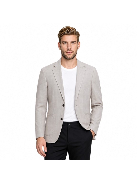 Men's Solid Color Notch Lapel Two-Button Linen Blazer - Casual Regular Fit Spring/Fall No Back Vent Jacket