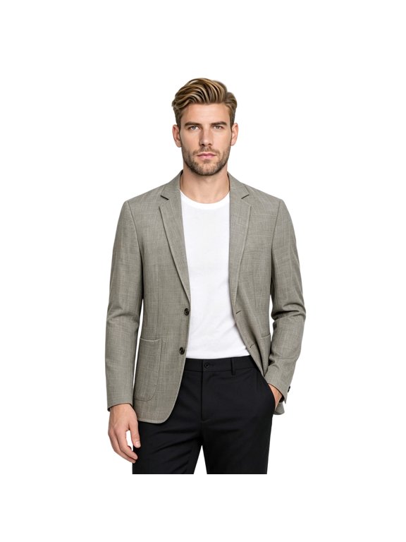 Men's Solid Color Notch Lapel Two-Button Linen Blazer - Casual Regular Fit Spring/Fall No Back Vent Jacket