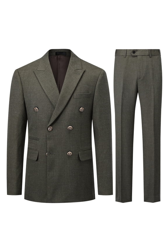 Men's Solid Color Peak Lapel Double Breasted Suit 2-Piece Set with Back Vents & Metal Buttons for Wedding & Formal