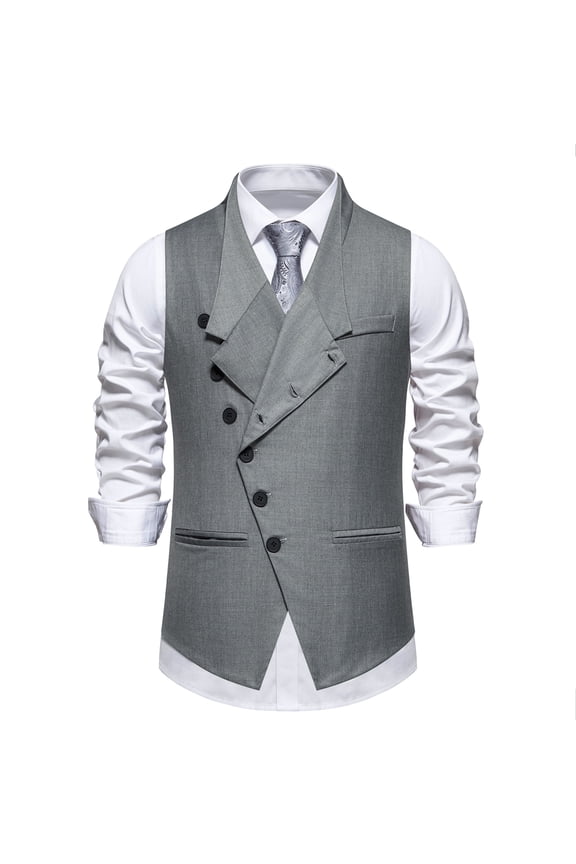 Men's Solid Color Single-Breast Angled Closure Vest - Standard Fit Sleeveless Waistcoat with Notch Lapel