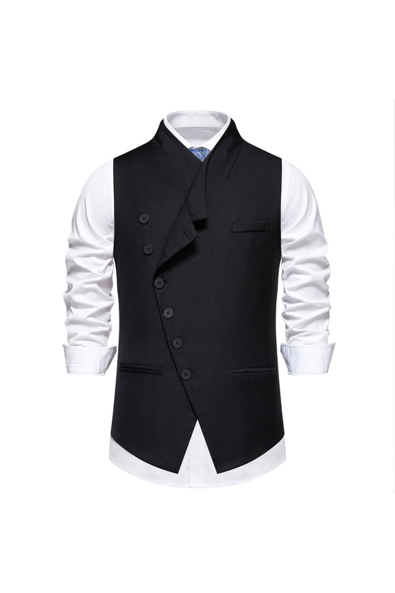 Men's Solid Color Single-Breast Angled Closure Vest - Standard Fit Sleeveless Waistcoat with Notch Lapel