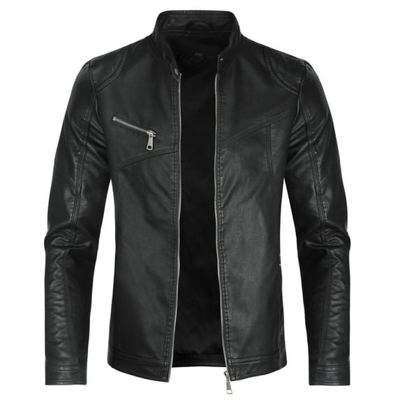 Cloudstyle Men's Solid Color Zipper Casual Leather Jacket PY08