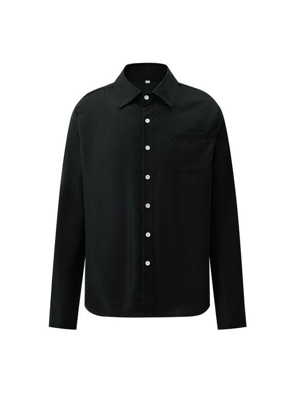 Men's Solid Long Sleeve Button Down Shirt, Regular Fit Casual Dress Shirts, Wrinkle-Resistant Fall Spring Tops with Pocket