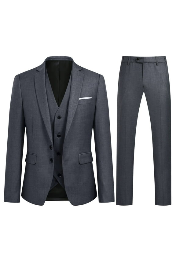 Mens Slim Fit 3 Piece Suit Classic Business Wedding Outfit Sets, Polyester