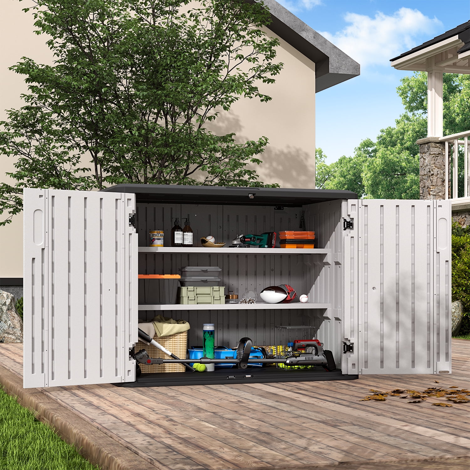 Cloudwell Outdoor Storage Shed with Metal Shelving Kit & Floor , 35 Cu.Ft Vertical Waterproof Resin Storage Cabinet for Garage Storage, Pool Storage, Bike Shed, Garden Tools, Patio Furniture, White