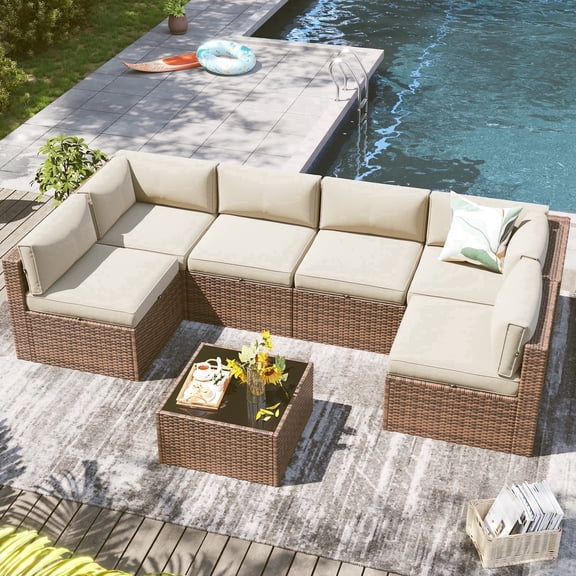 Clouddwell 7 Piece Outdoor Patio Furniture Set, Wicker Rattan Patio Sectional Sofa Sets, Beige
