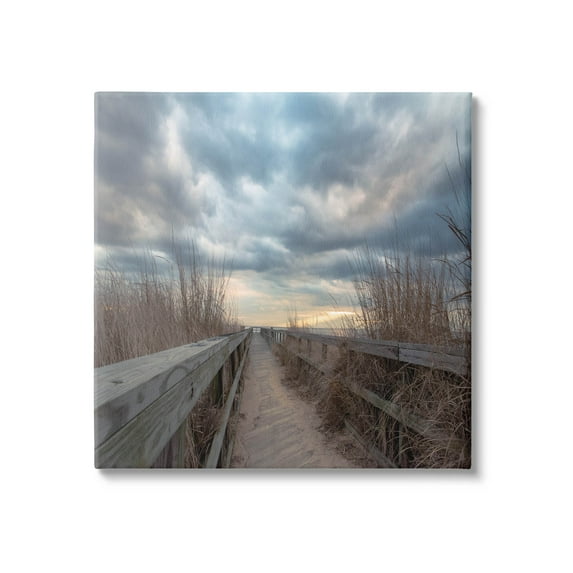 Cloudy Coastal Boardwalk View Coastal Photograph Gallery Wrapped Canvas Print Wall Art