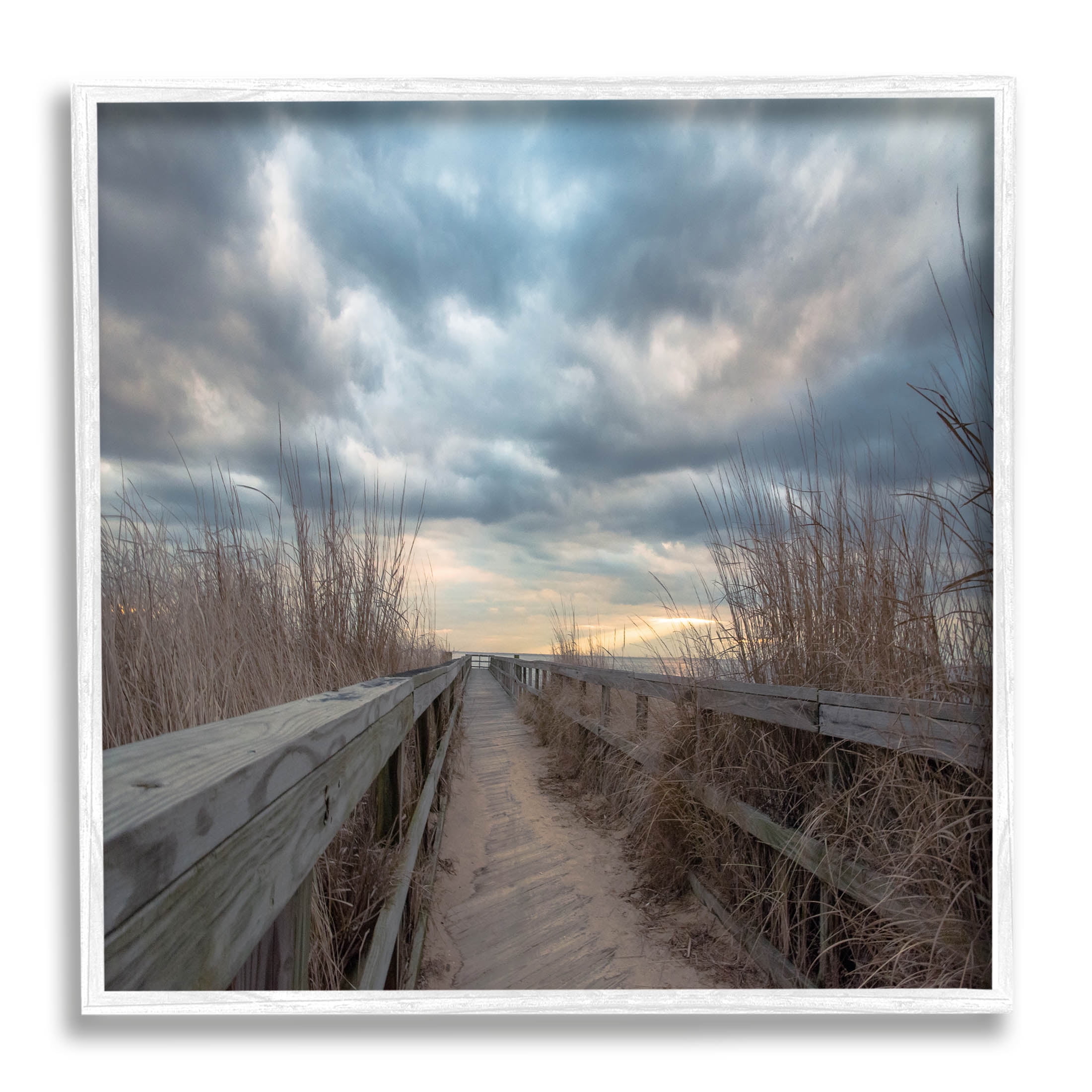 Cloudy Coastal Boardwalk View Coastal Photograph White Framed Art Print Wall Art