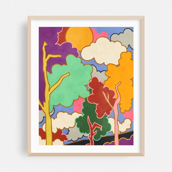 Cloudy Dreams - India Illustration Psychedelic Surrealism Modern Art Abstract Whimsical Pop Art Oak Framed Wall Art Print 8 x 10 inches