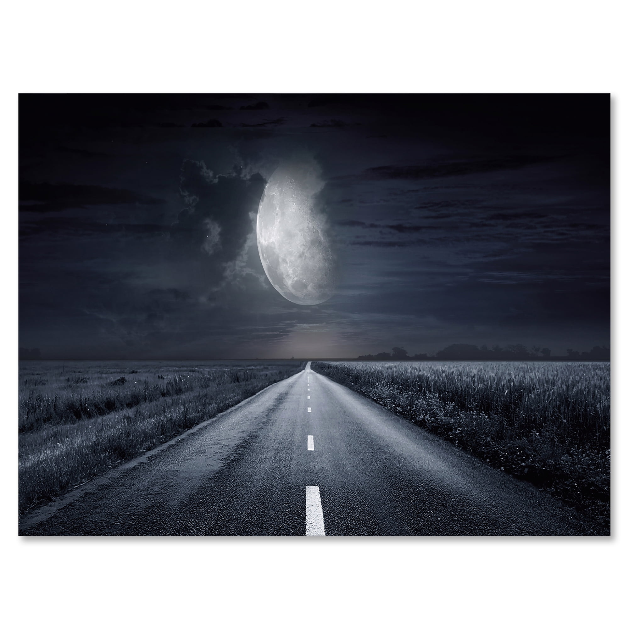 Cloudy Full Moon Over Asphalt Road III 32 in x 24 in Photography Canvas Art Print, by Designart