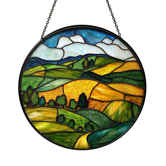 Cloudy Hills Landscape Stained Glass Suncatcher Window Hanging, Tranquil Nature Inspired Decor for Home Spaces