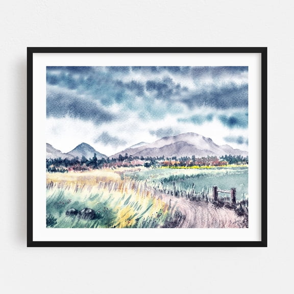 Cloudy Morning Breezy Field With Mountains On The Background - Painting Watercolor Landscape Mountain Nature Scenic Pastoral Rural Black Framed Wall Art Print 11 x 14 inches