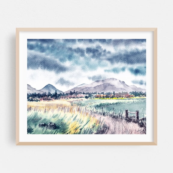Cloudy Morning Breezy Field With Mountains On The Background - Painting Watercolor Landscape Mountain Nature Scenic Pastoral Rural Oak Framed Wall Art Print 8 x 10 inches