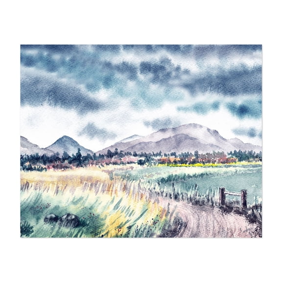 Cloudy Morning Breezy Field With Mountains On The Background - Painting Watercolor Landscape Mountain Nature Scenic Pastoral Rural Unframed Wall Art Print 16 x 20 inches