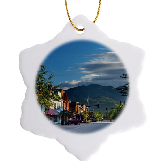3drose, Cloudy Morning on Central Avenue in Downtown Whitefish, Montana, Usa, 3 inch Snowflake Porcelain Ornament