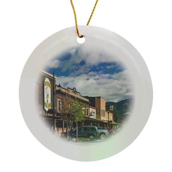 3drose, Cloudy Morning on Central Avenue in Downtown Whitefish, Montana, Usa, Circle Porcelain Ornament
