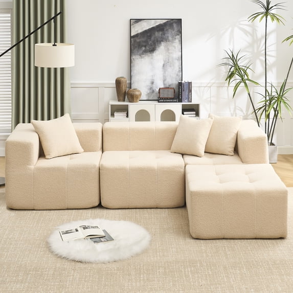 Cloudy Sectional L - Shaped Couch Comfy No Assembly Required Cloud Couch with Deep Seat, All Sponge Fluffy Couch with Sleeper Chaise for Living Room Apartment(Beige)