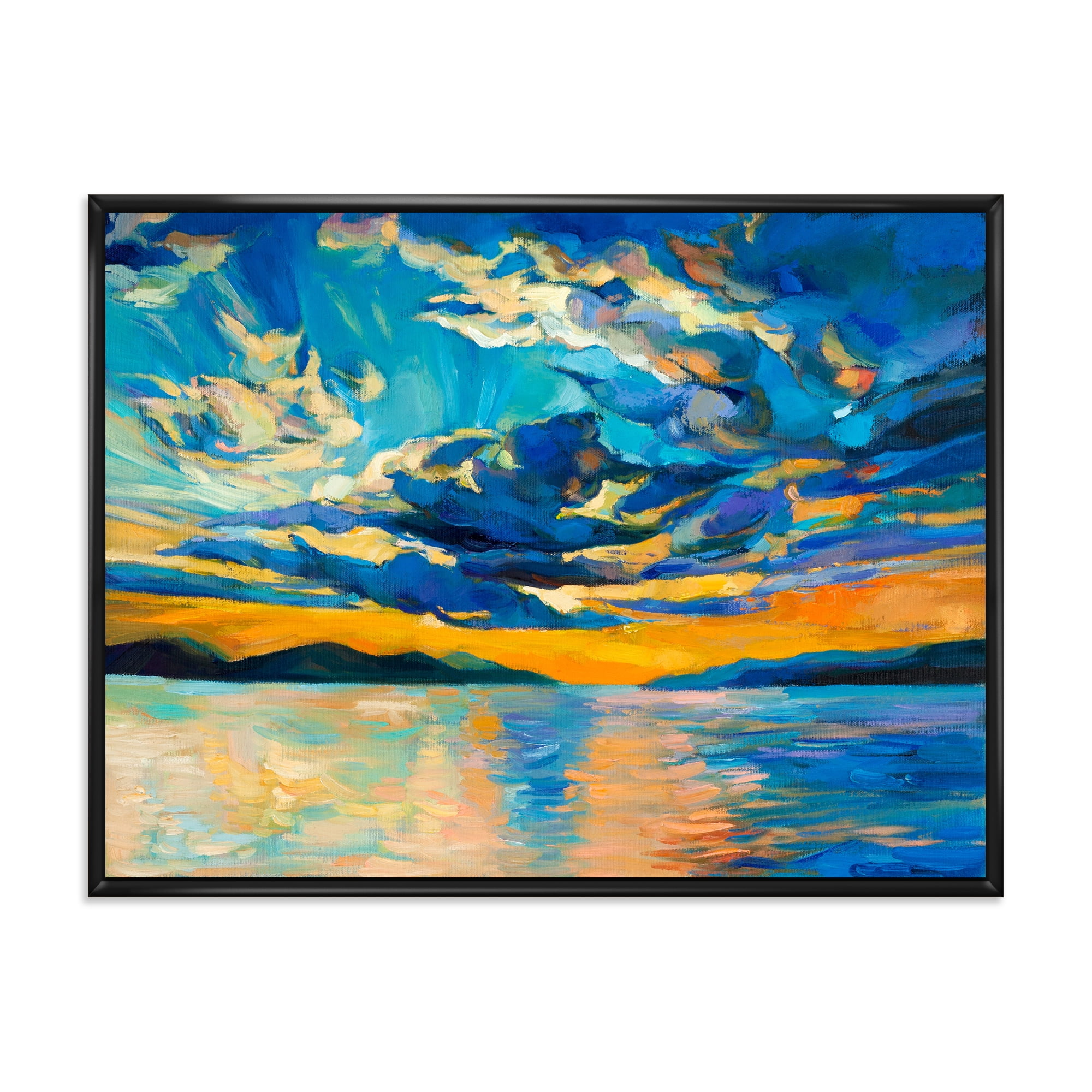 Cloudy Sunset Over Wide Open Ocean Horizon 20 in x 12 in Framed Painting Canvas Art Print, by Designart