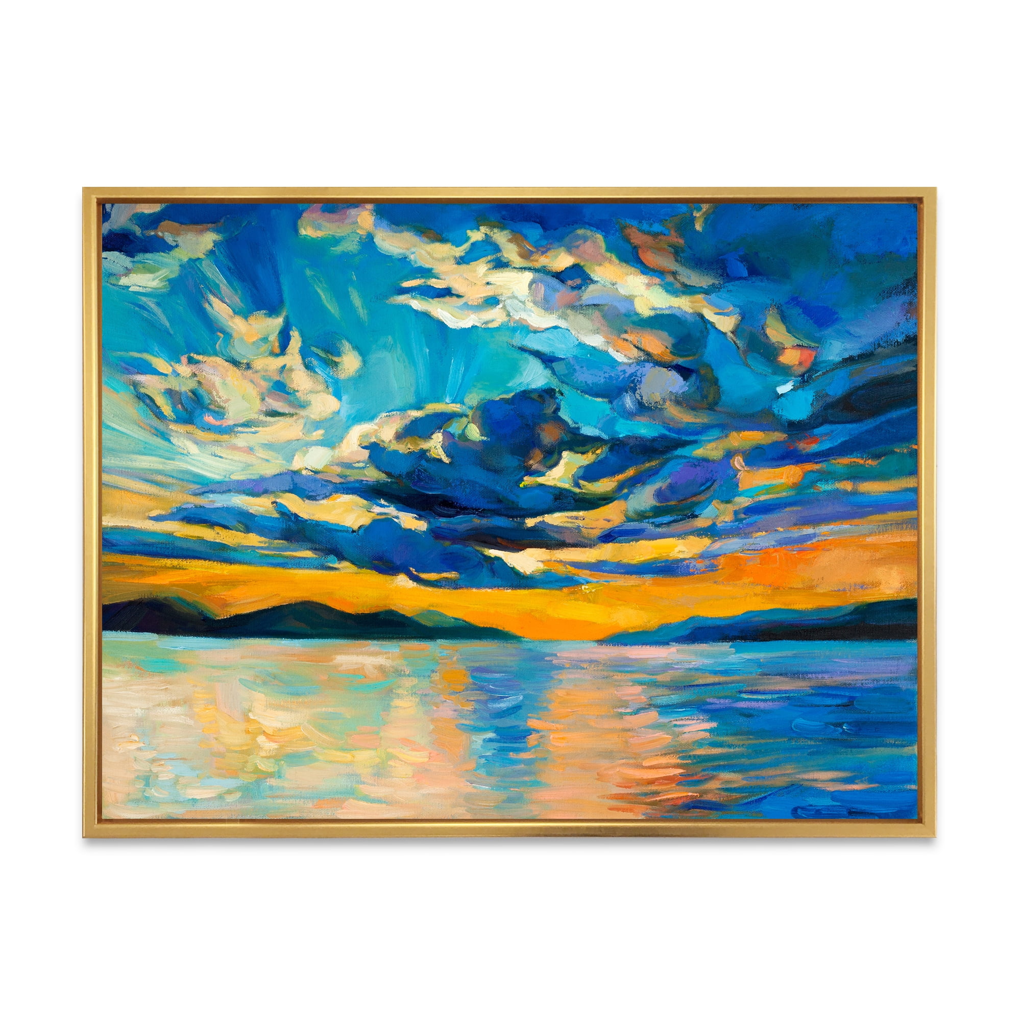 Cloudy Sunset Over Wide Open Ocean Horizon 32 in x 24 in Framed Painting Canvas Art Print, by Designart