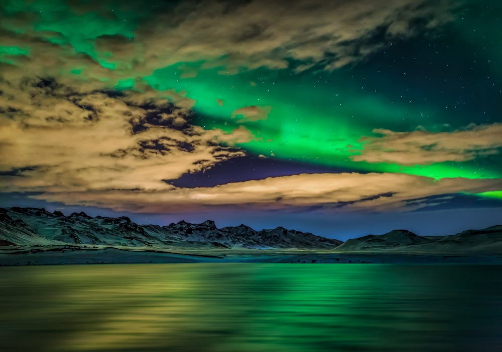 Cloudy evening with Aurora Borealis or Northern Lights Kleifarvatn Iceland Canvas Art - Panoramic Images (18 x 24)