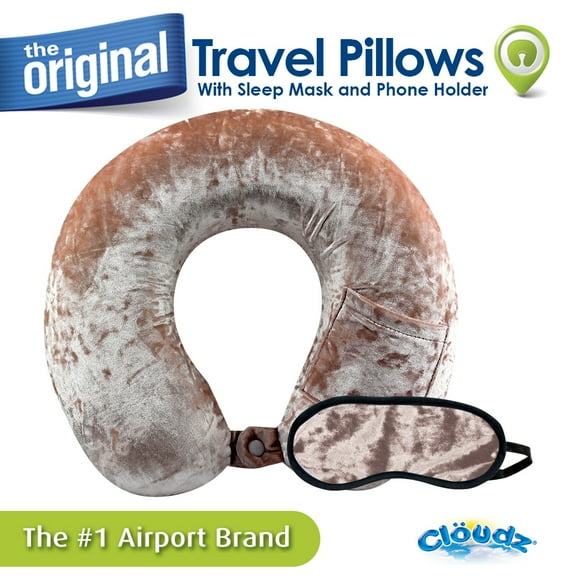 Cloudz Crushed Velvet Memory Foam Neck Pillow with Sleep Mask - Pink