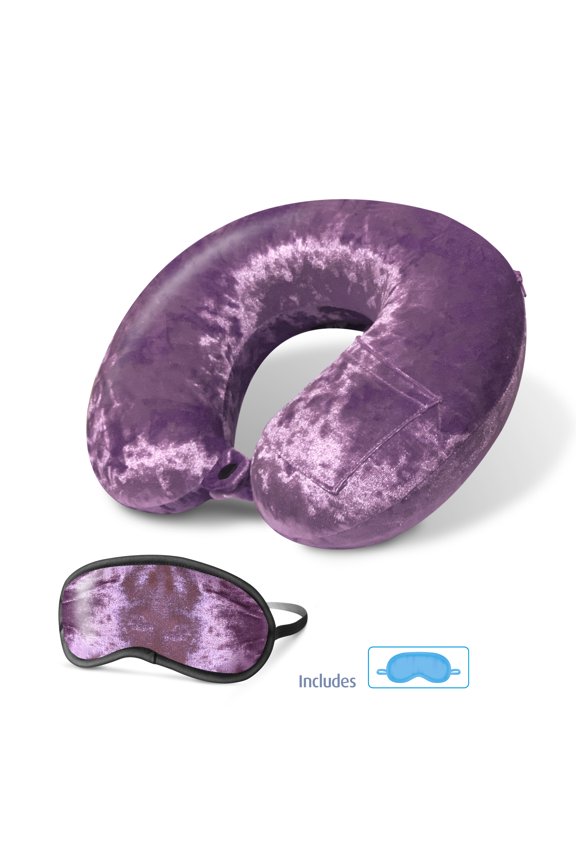Crushed Velvet Memory Foam Travel Neck Pillow with Sleep Mask - Purple