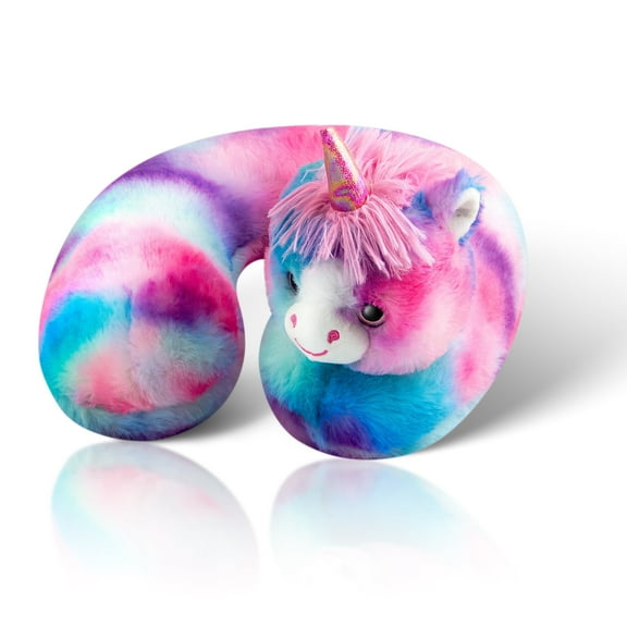 Cloudz Kids Super Soft N' Cuddly Animal Airplane Travel Neck Pillow! Keep Children Comfy and Supported with a Buddy while Traveling or just Resting at Home - Pink & Blue Fluffy Unicorn
