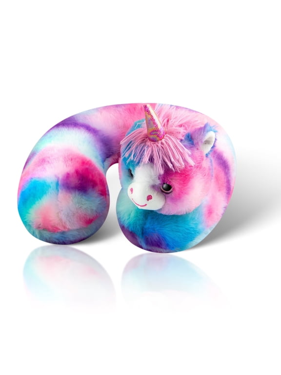 Kids Super Soft N' Cuddly Animal Airplane Travel Neck Pillow! Keep Children Comfy and Supported with a Buddy while Traveling or just Resting at Home - Pink & Blue Fluffy Unicorn