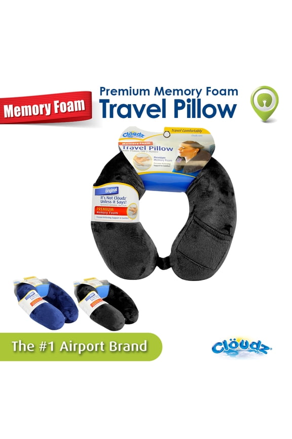 Memory Foam Travel Neck Pillow with Snap & Pocket - Black
