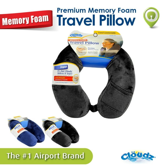 Cloudz Memory Foam Travel Neck Pillow with Snap & Pocket - Black