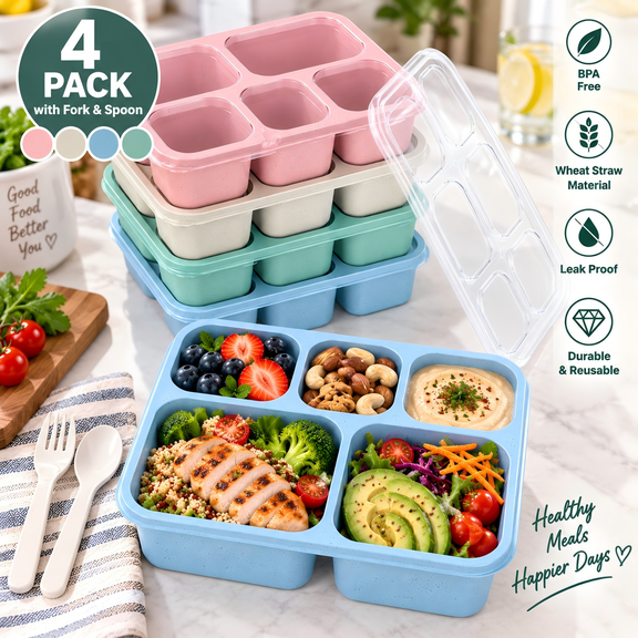 Clouxemli 4 Pack Bento Lunch Box, 5 Compartment Meal Prep Containers with Lids, Reusable Stackable Food Storage Boxes for Work Travel Daily Use Wheat Straw